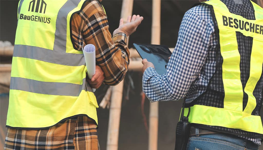 Bauarbeiter mit bedruckten Warnwesten