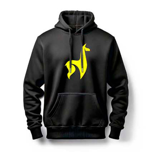 zu sehen ist ein schwarzer Hoodie mit einem gelben Lamasuli Logo, dem stilisierten Lama, bestickt