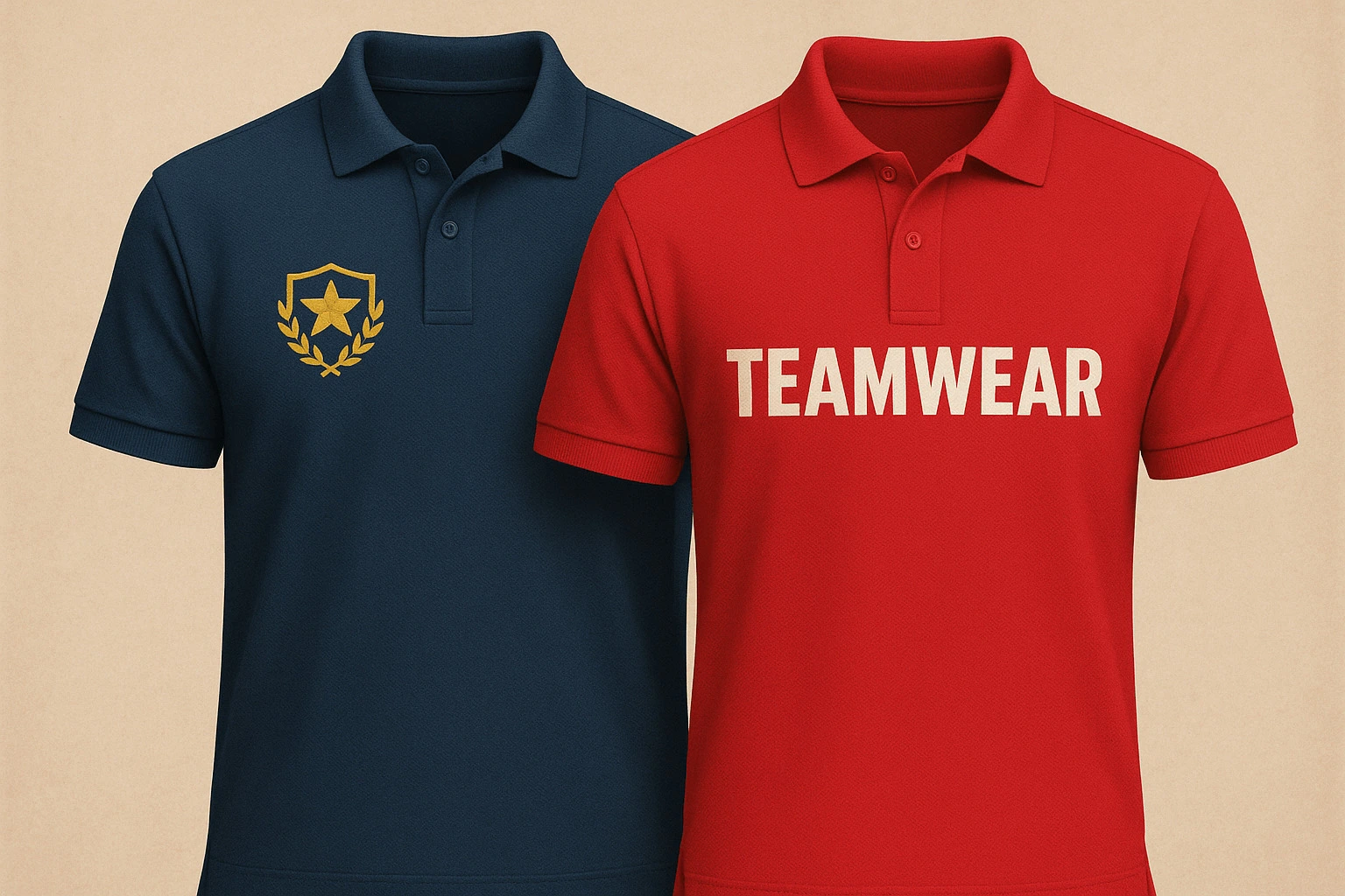 Das Bild zeigt jeweils ein rotes und ein blaues Poloshirt mit Logo