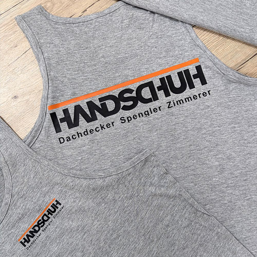 graumeliertes ärmesloses bedruckte T-Shirts für die Firma Handschuh Bedachungen