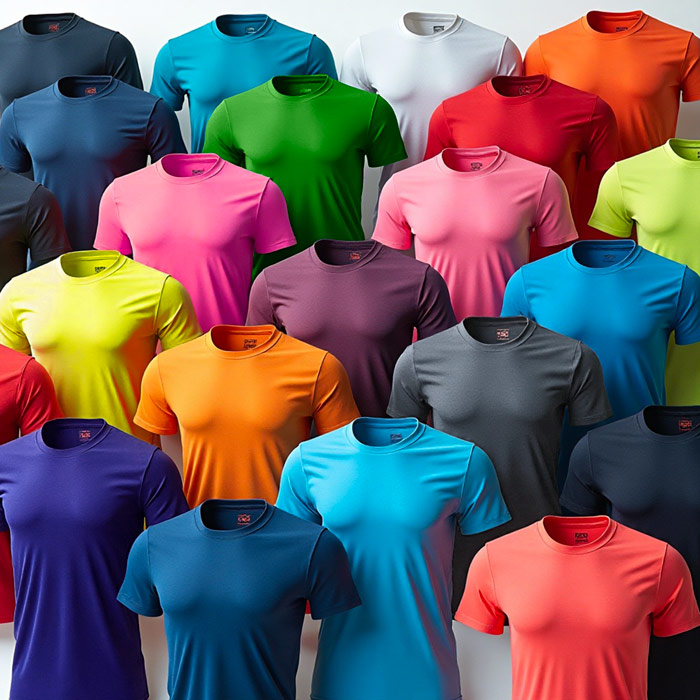 Zu sehen sind mehrere Trikots in untersciedlichen Farben, um die Bandbreite der angebotenen Farben zu verdeutlichen