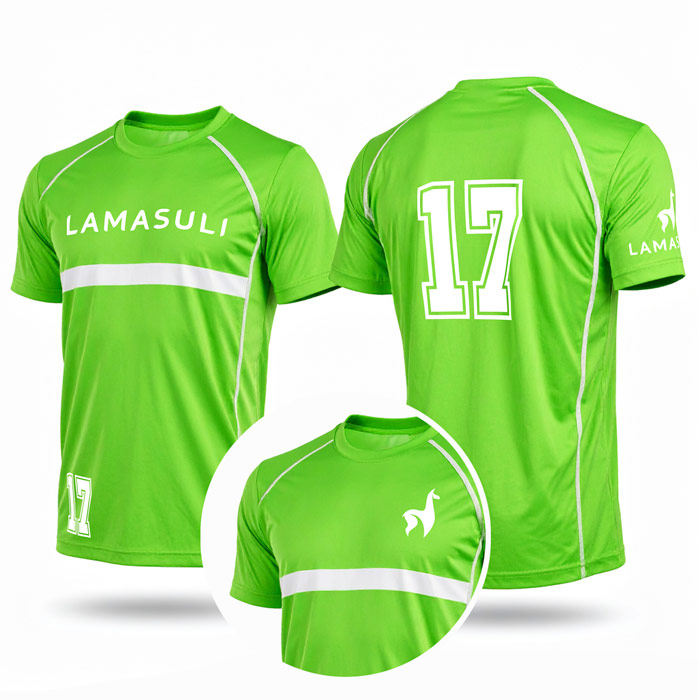 zu sehen sind 3 grüne Trikots bedruckt mit Lamasuli Werbung an unterschiedlichen Positionen