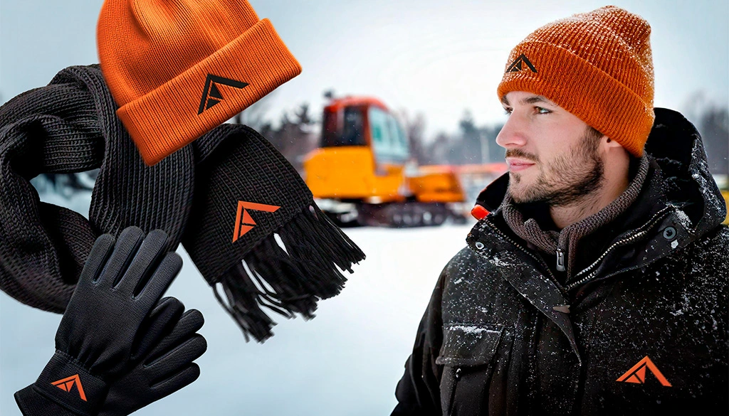 Das Bild zeigt auf der rechten Seite einen Mann der eine schwarze Jacke als Arbeitskleidung Winter trägt. Außerdem hat er eine personalisiete Mütze auf