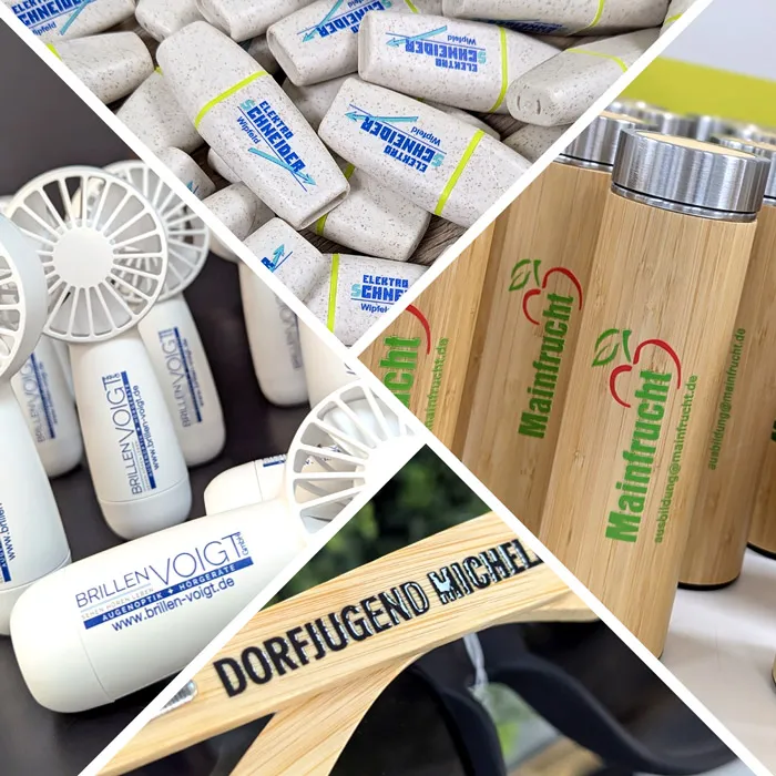UV Druck 1 Du sieht hier eine Collage unterschiedlicher Werbeartikel, wir wir mitteln UV-Druck personalisiert haben