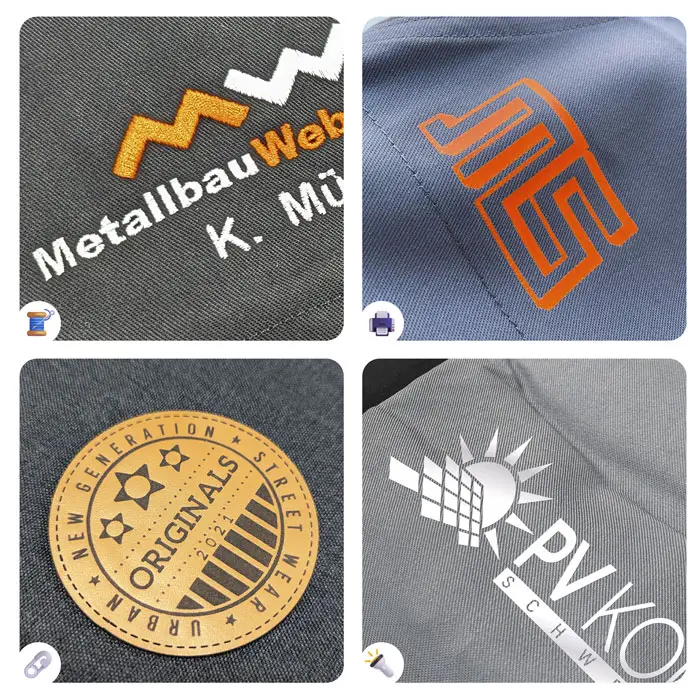 zu sehen sind die verschiedenen Veredelungsarten zum Arbeitsjacken bedrucken lassen: Stick, Druck, Patch und Reflektorfolie