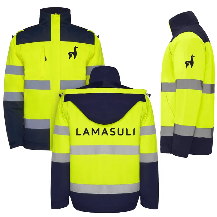 zu sehen sind die verschiedenen Platzierungsvarianten zum Arbeitsjacke bedrucken lassen anhand des Logos und dem Schriftzug der Firma Lamasuli