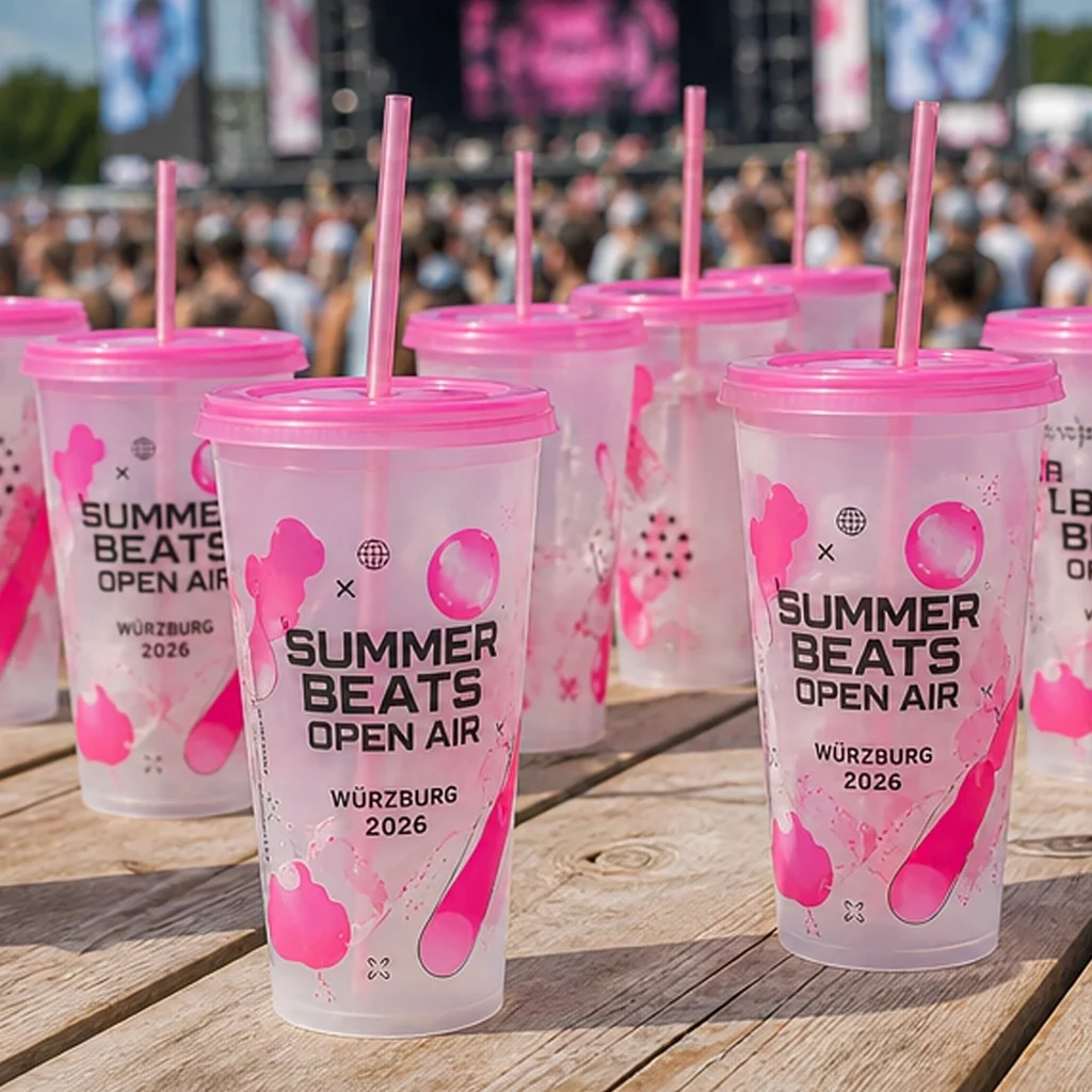 Großaufnahme mehrerer pinker Festivalbecher mit dem aufgedruckten Logo „Summer Beats Open Air“ von Lamasuli
