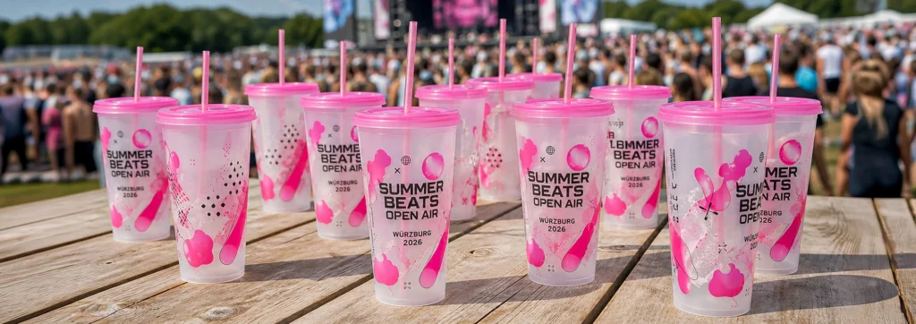 Großaufnahme mehrerer pinker Festivalbecher mit dem aufgedruckten Logo „Summer Beats Open Air“ von Lamasuli