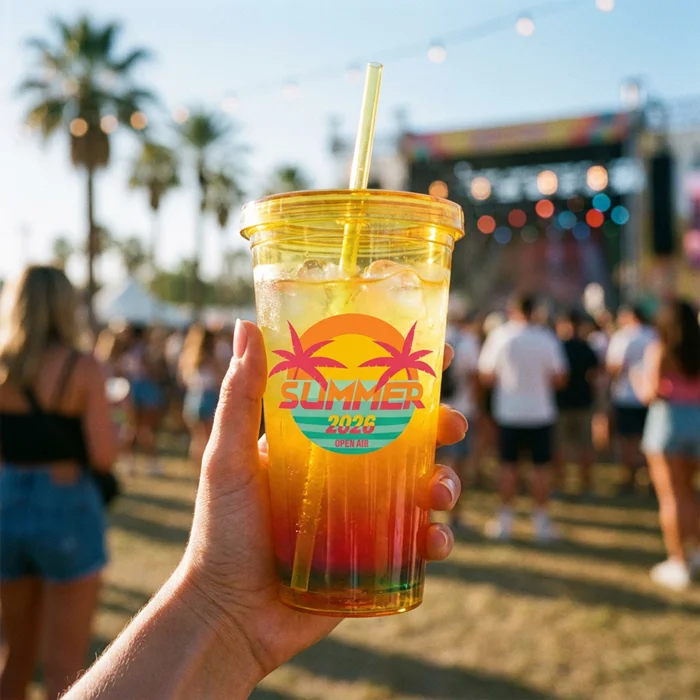 Großaufnahme eines Festivalbechers mit aufgedrucktem Logo von Lamasuli
