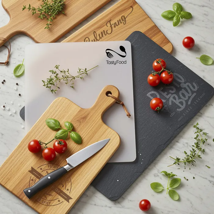 Zu sehen sind personalisierte Holzbretter aus unterschiedlichen Materialien, wie Holz, Bambus und Schiefer, schön drapiert mit einem Messer und Tomaten