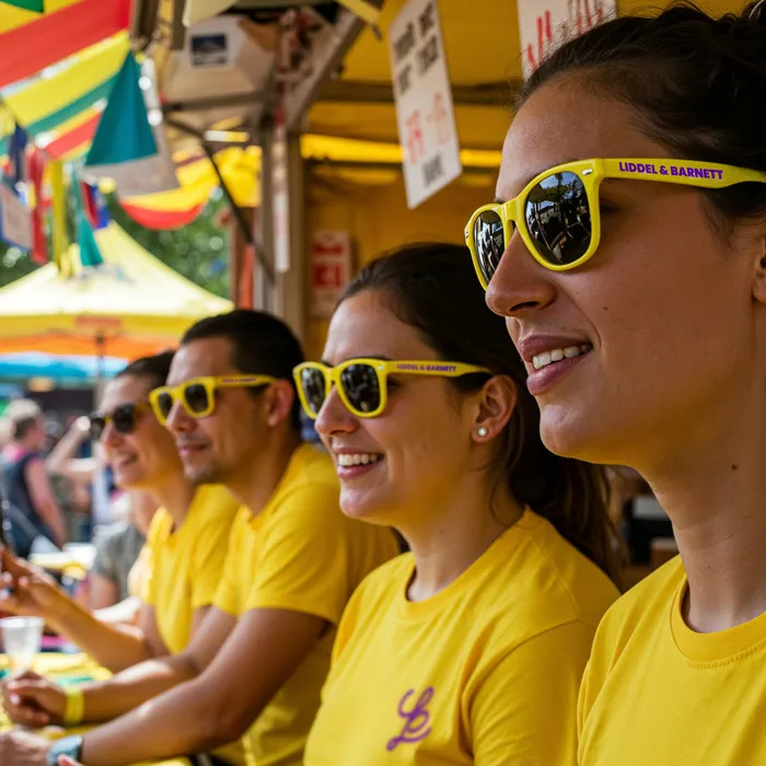 zu sehen sind Menschen suf einem Fest, die gelbe Sonnenbrille mit Logo tragen. Sie haben auch passende gelbe T-Shirts an