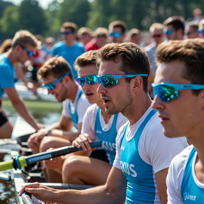 zu sehen ist eine Rudermannschaft im Boot. alle tragen eine blaue Sonnenbrille mit Loge und passende blaue Trikots
