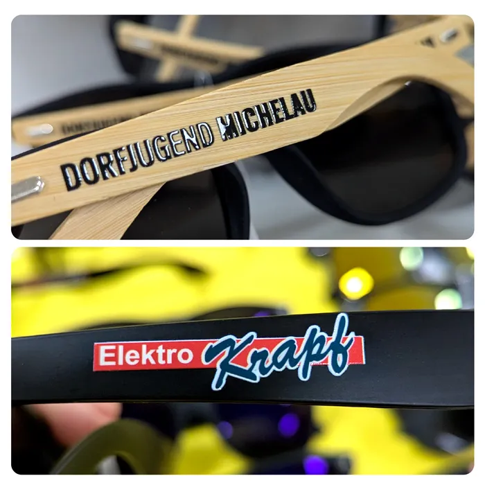 zu sehen ist Sonnenbrille mit Logo, veredelt mit UV Druck, einmal mit dem Logo der Fira Elektro Kraft, einmal mit dem Schriftzug der Dorfjugend Michelau