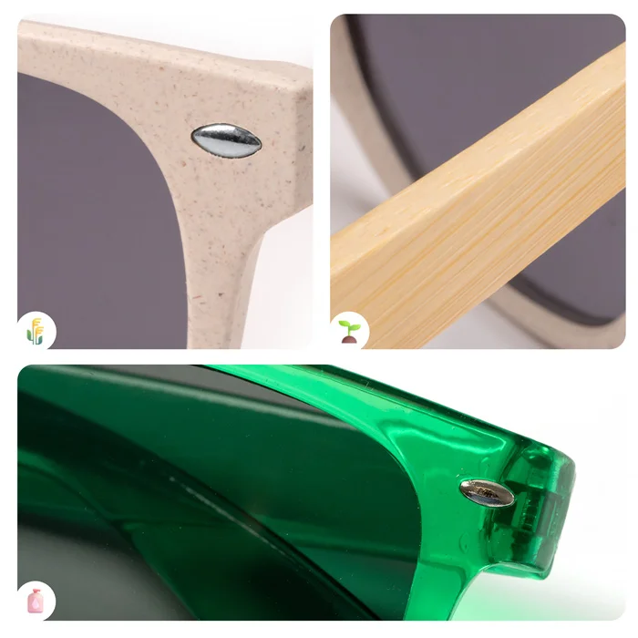 zu sehen sind Beispiele für die unterschiedlichen Materialien Bambus, Weizenstroh und RPET, die zum bedrucken einer Sonnenbrille mit Logo in Frage kommen