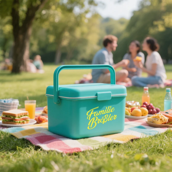 zu sehen ist eine bedruckte bunte Brotzeitdose auf einer Picknickdecke im Park. Im Hintergrund sieht man Menschen zusammensitzen