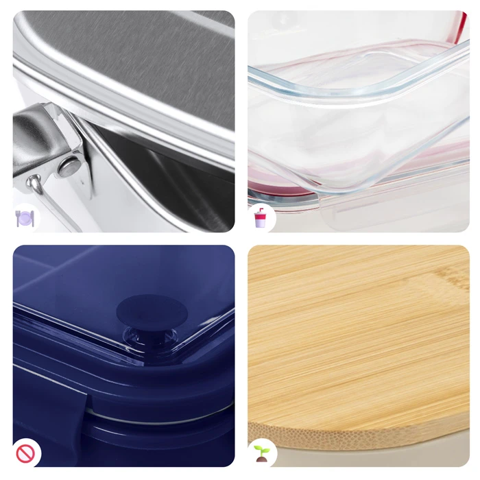 zu sehen sind die verschiedenen Materialien: Edelstahl, Glas, Bambus und Kunststoff für eine Brotzeitbox Werbegeschenk
