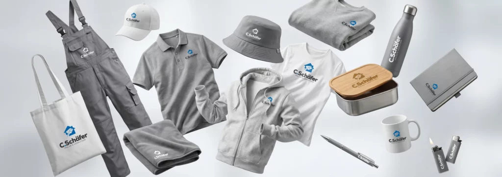 Projekte 13 Überblick über verschiedene Textilprodukte und Accessoires wie: Hoodie, Polo-Shirt, T-Shirt, Thermosflasche, Kugelschreiber, Notizbuch, Kappe und vieles mehr. Alles mit dem Logo C. Schäfer