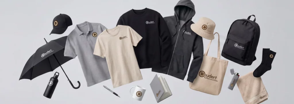 Projekte 17 Überblick über verschiedene Textilprodukte und Accessoires mit Lasergravur wie: Hoodie, Polo-Shirt, T-Shirt, Rucksack, Thermosflasche, Kugelschreiber, Notizbuch, Kappe und vieles mehr. Alles mit dem Logo Daudert Kaffeemaschinen.
