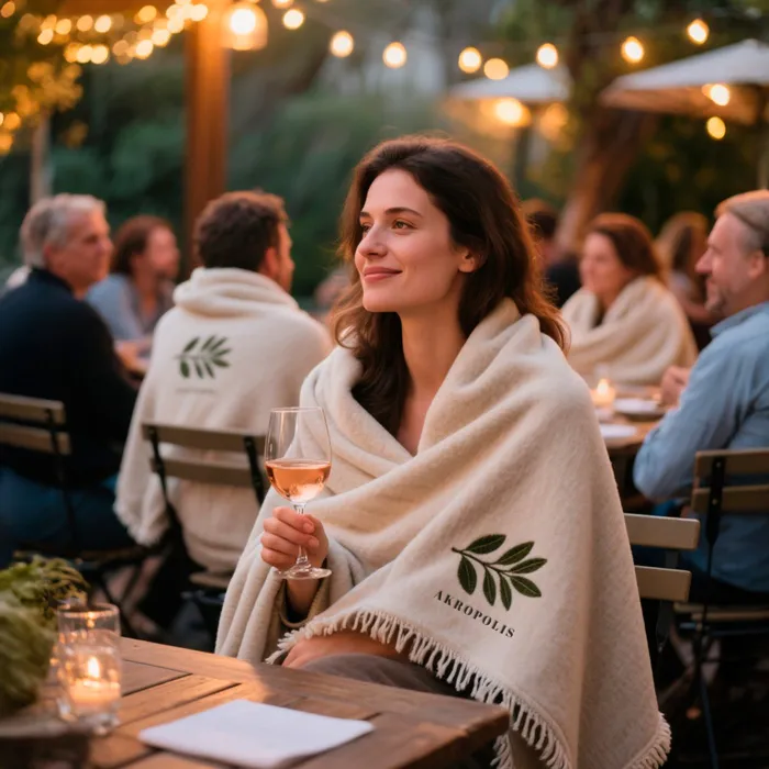zu sehen ist der Außensitzbereich eines Restaurants, eine Frau sitz eingekuschelt in eine Decke mit einem Glas Wein in der Hand da. die Decke besticken lassen mit dem Logo des Restaurants