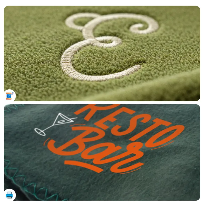 zu sehen sind Beispiele für Decken besticken lassen und Decken bedrucken lassen