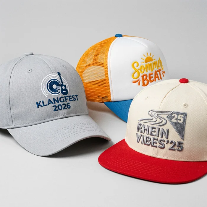 Verschiedene Cap-Modelle nebeneinander: Baseballcap, Trucker Cap und Snapback mit Eventlogo