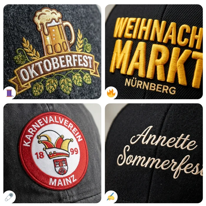 Veredelungsarten für bestickte Caps für Events in Unterfranken: klassische Stickerei, 3D-Stickerei, Patch und Schriftzüg