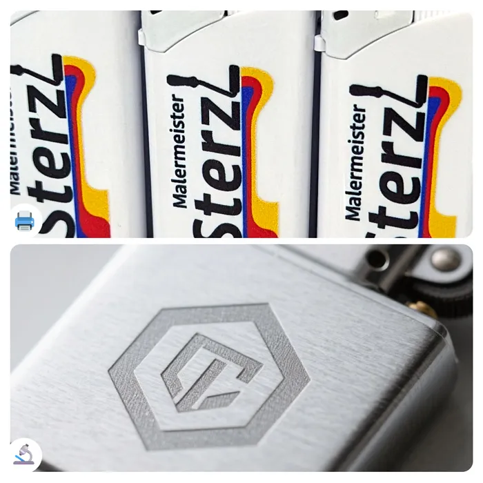Du sieht hier unterschiedliche Arten der Veredelung von Feuerzeugen mit Logo