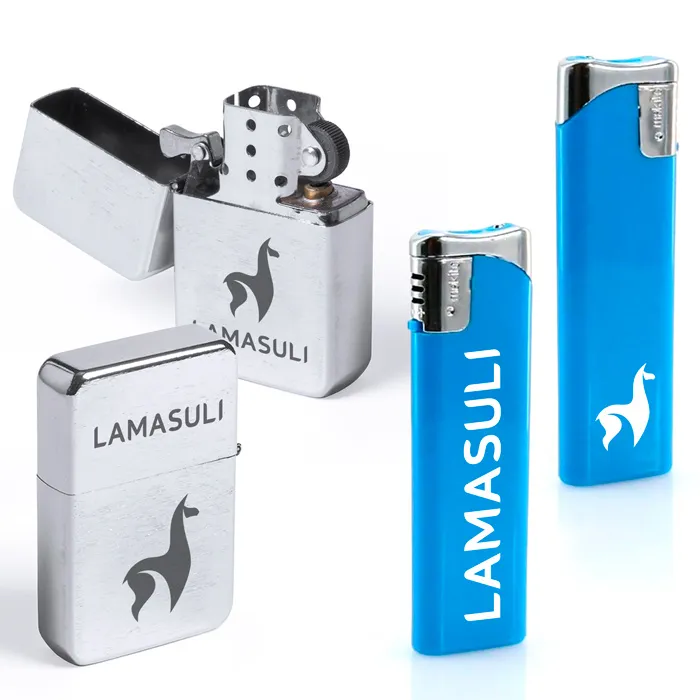 Du sieht hier unterschiedlichen Positionen für die Veredelung von Feuerzeugen mit Logo