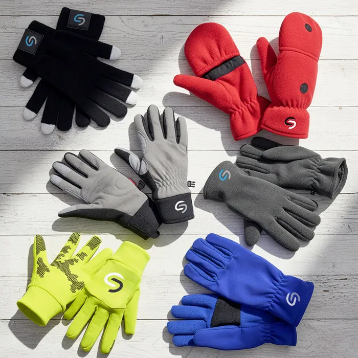 Ansicht von oben auf eine Auswahl an Winterhandschuhen und Fäustlingen in verschiedenen Farben wie Schwarz, Rot, Grau, Neongelb und Blau, arrangiert auf einer hellen Holzoberfläche.