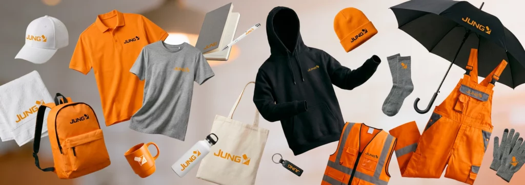 Projekte 31 Überblick über Firmenkleidung für Jung Metallbau in Unterfranken mit verschiedenen Textilien und Farben