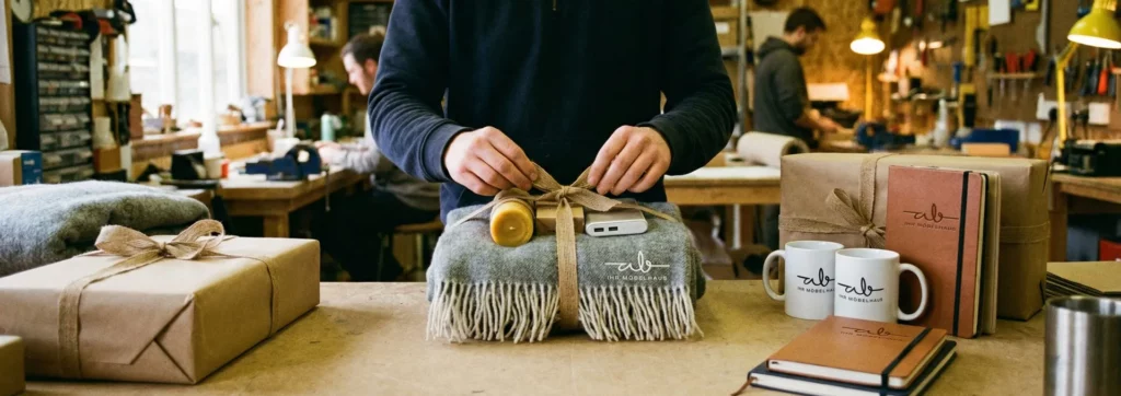 Mitarbeiter verpackt ein personalisiertes Geschenkset, bestehend aus einer Decke, einer Powerbank und einer Kerze, in einer Werkstattumgebung.