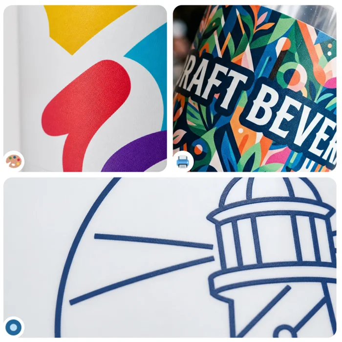 Übertragung von Logo-Varianten auf Mehrwegbecher: Siebdruck, Digitaldruck, Tampondruck.