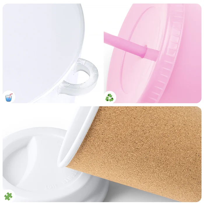 Verschiedene Becherarten nebeneinander: PP-Becher, recyceltes PP, aus Kork