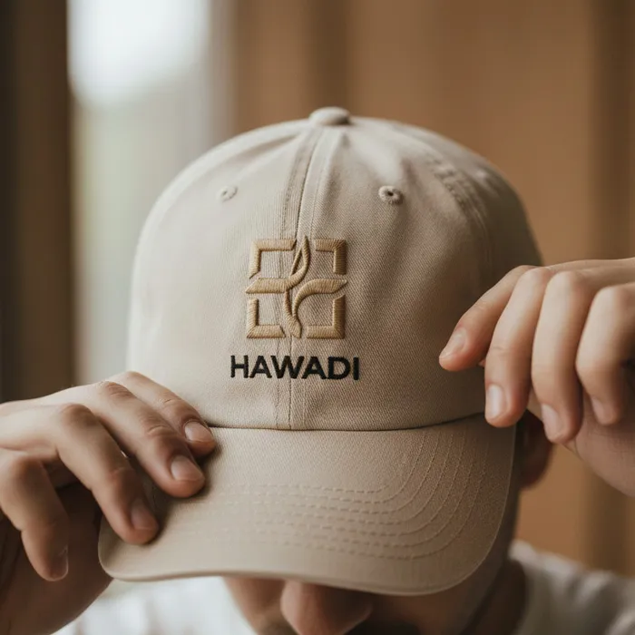 Detailansicht der Frontpartie einer cremefarbenen Cap für Millennials, die das goldbraun gestickte Markenzeichen und den schwarzen Schriftzug "HAWADI" zeigt.