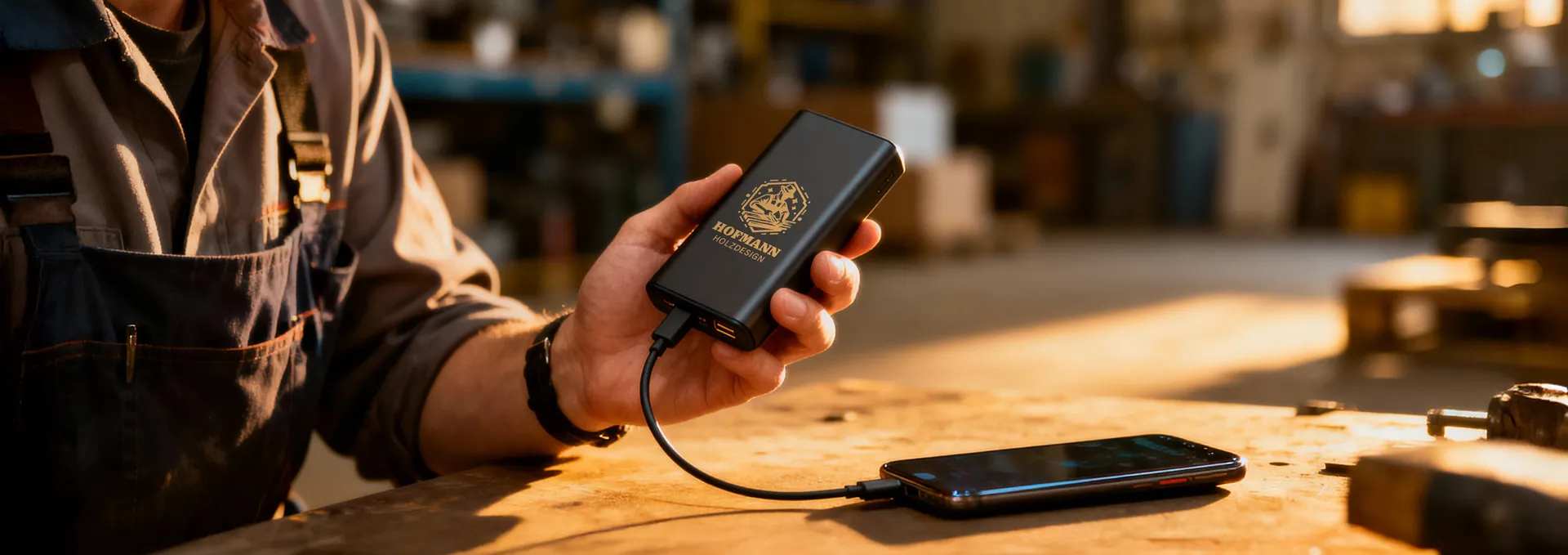 Mobile Stromversorgung mit Hand eines Mitarbeiters in Arbeitskleidung hält eine Powerbank mit bedrucktem Logo "HOFMANN Holzdesign", während im unscharfen Hintergrund eine Werkstattatmosphäre erkennbar ist.