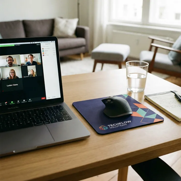 Nahaufnahme eines blau-gemusterten Mauspads mit Firmenlogo, positioniert neben einem Laptop und einer Maus.