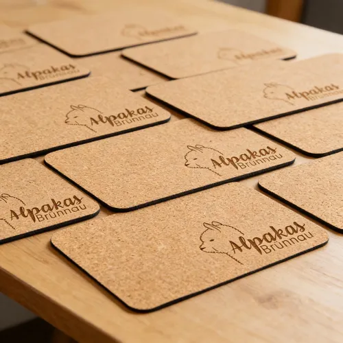 Nahaufnahme von gestapelten, gelaserten Kork-Mousepads mit dem Logo "Alpakas Brünnau" und einer stilisierten Alpakazeichnung.