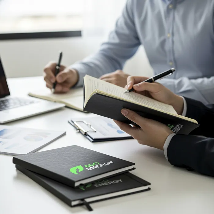 an einem Schreibtisch sitzen zwei Männer, die Notizen machen, nachdem sie sich ein Notizbuch haben bedrucken lassen