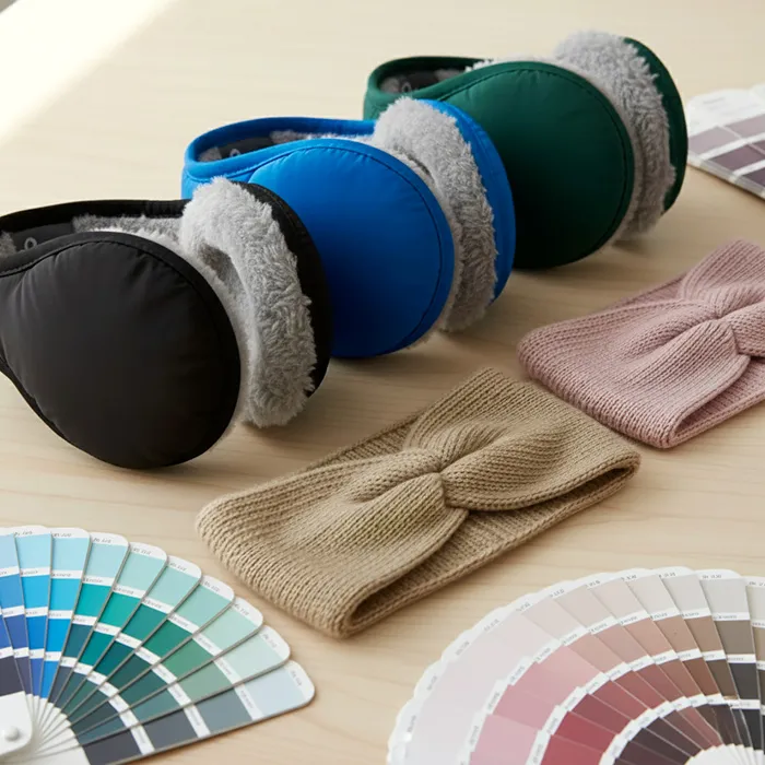 Farbauswahl für Winteraccessoires: Drei Ohrenwärmer (Schwarz, Blau, Grün) und zwei Strick-Stirnbänder (Beige, Rosa) liegen auf einer hellen Holzoberfläche, flankiert von RAL-Fächerkarten für Blau-/Grüntöne und Rosé-/Brauntöne.