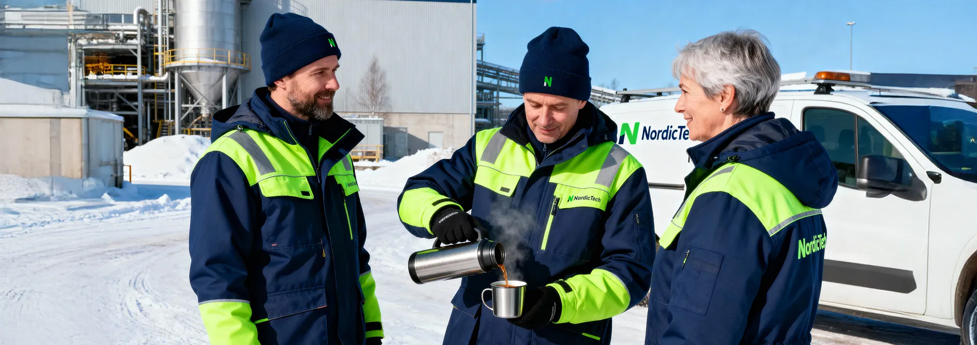 Drei Mitarbeiter in dunkelblauer Winterarbeitskleidung mit neongrünen Reflexstreifen auf einem verschneiten Betriebsgelände.