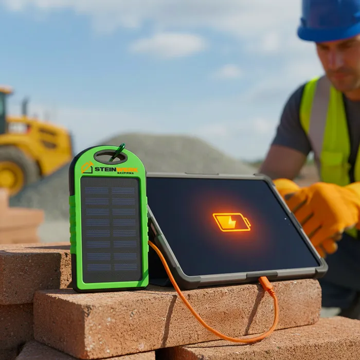 Solar Powerbank bedrucken mit Firmenlogo der STEIN WERK Baufirma lädt ein Tablet auf einer Baustelle.