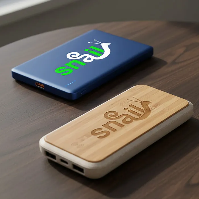 Zwei Powerbanks mit eingraviertem und aufgedrucktem "Snail"-Firmenlogo auf dunkler Holzoberfläche.