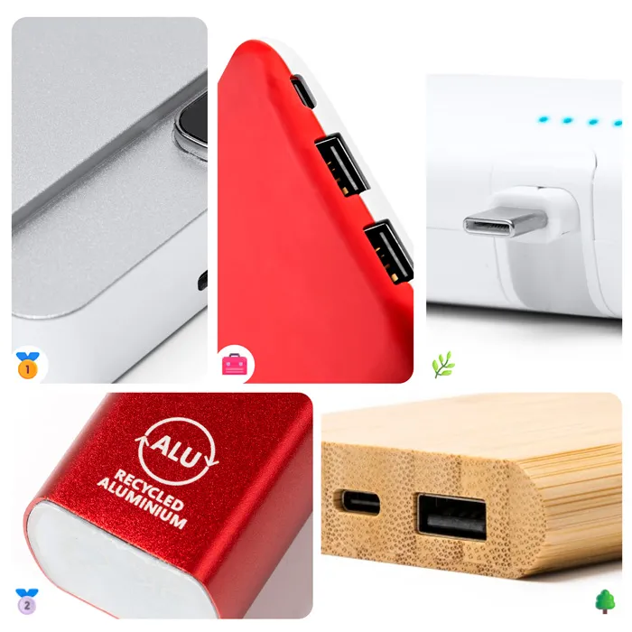 Nahaufnahme von fünf Powerbanks, die verschiedene Gehäusematerialien zeigen: Aluminium, ABS, recycelter Kunststoff, recyceltes Aluminium und Bambus.