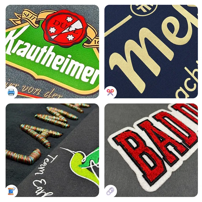 zu sehen sind Beispiele für die unterschiedlichen Veredelungsarten, Druck, 3D Stick, Patsch und Stick für personalisierte Pullover