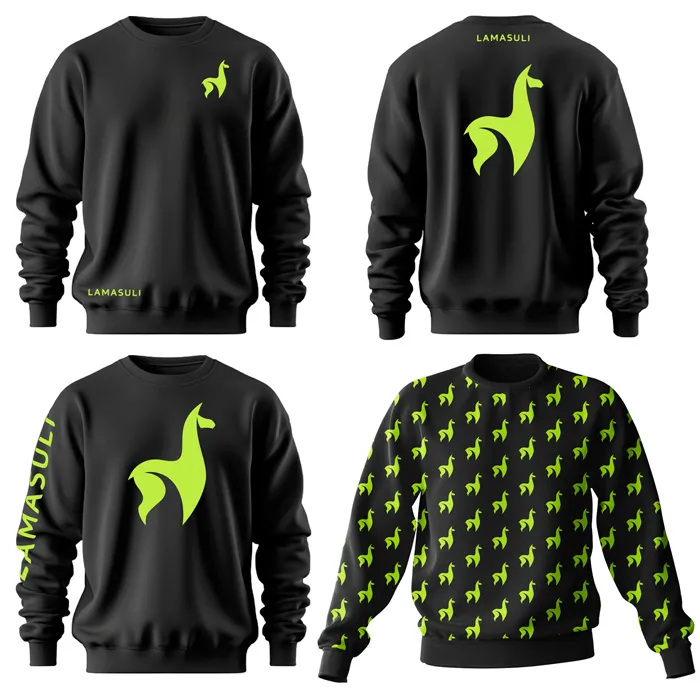 zu sehen sind die unterschiedlichen Platzierungsvarianten für Veredelungen für personalisierte Pullover. Ärmel, Brust, Rücke, All-Over Print