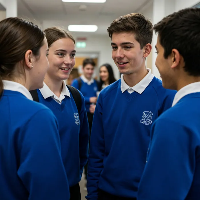 zu sehen sind Schüler im Gang einer weiterführenden Schule, die blaue, personalisierte Pullover tragen. Die Pullover haben das Logo der Schule in weiß aufgestickt
