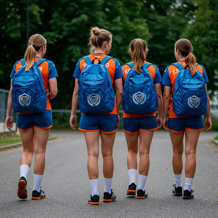 Du siehst 4 Mädchen von hinter nebeneinander laufend, und jeder von Ihnen hat einen bedruckten blauen Rucksack auf dem Rücken