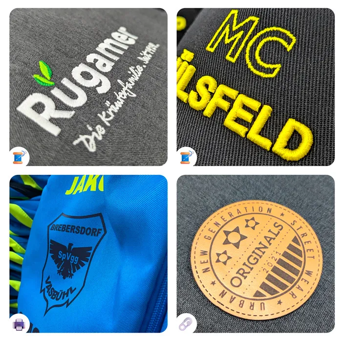 Hier siehst du unterschiedliche Arten von Veredelungen für die Rucksäcke, z.B. Stick, Druck, 3D-Stick, Patch