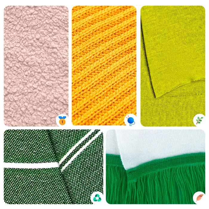 Nahaufnahme verschiedener Stoffe – Strick, Fleece, Acryl, Polyester.