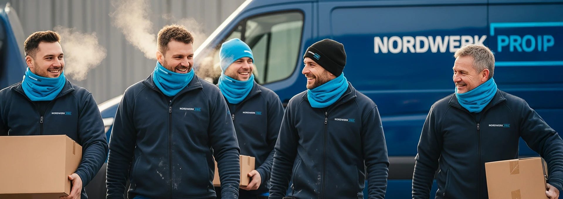 Fünf Mitarbeiter der NORDWERK PROIP in blauen Fleecejacken und leuchtend türkisen Schlauchschals stehen vor einem blauen Firmenfahrzeug.